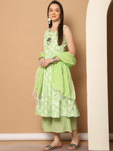 Printed green flared kurta pallazos dupatta set ( JOKPL D56P 1546 Pista )-JOKPL-D56P